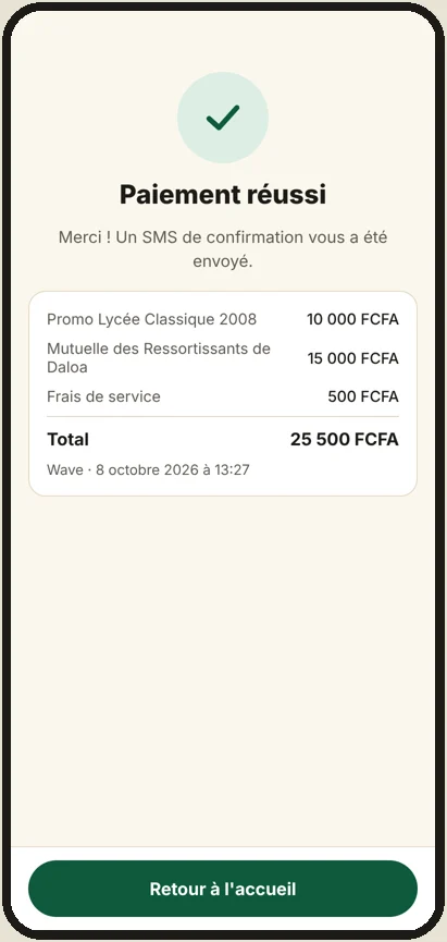 Paiement réussi : détail par association et SMS de confirmation