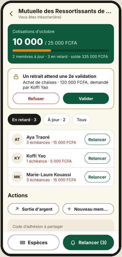Onglet Trésorerie de l'application : membres en retard, relances et code d'adhésion