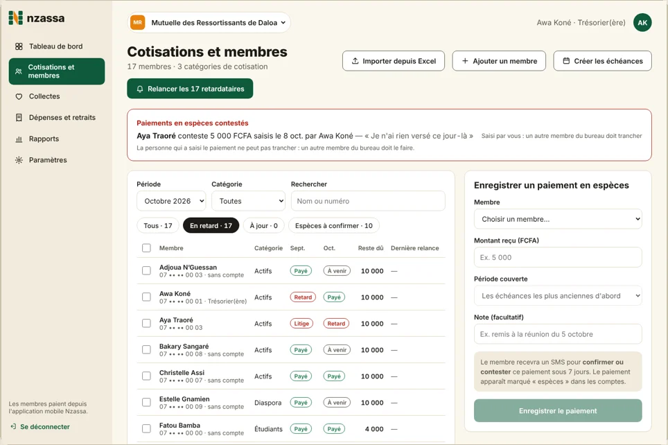 Espace trésorier : liste Cotisations et membres avec Importer depuis Excel et Ajouter un membre